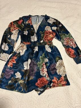 Zara Navy Blue Floral V-Neck Long Sleeve Romper